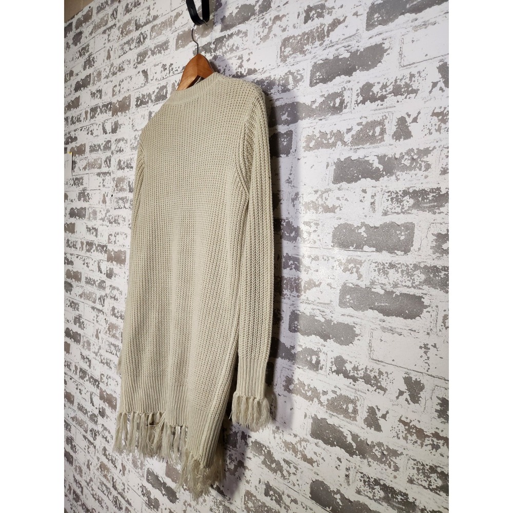 Boho Western Cardigan Beige Fringe Size Small Open Chunky Pockets - Picture 9 of 16